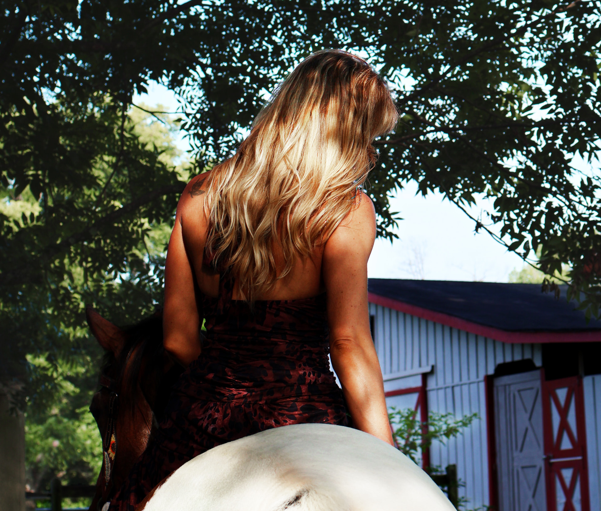 Long dimensional blonde hair falling down the back of a woman riding a white horse — hair color by Blonde Faith in Carrollton, Georgia
